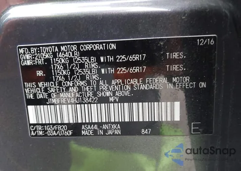 2017 Toyota Rav4 Le z USA, uszkodzony, nr VIN JTMBFREV4HJ138422